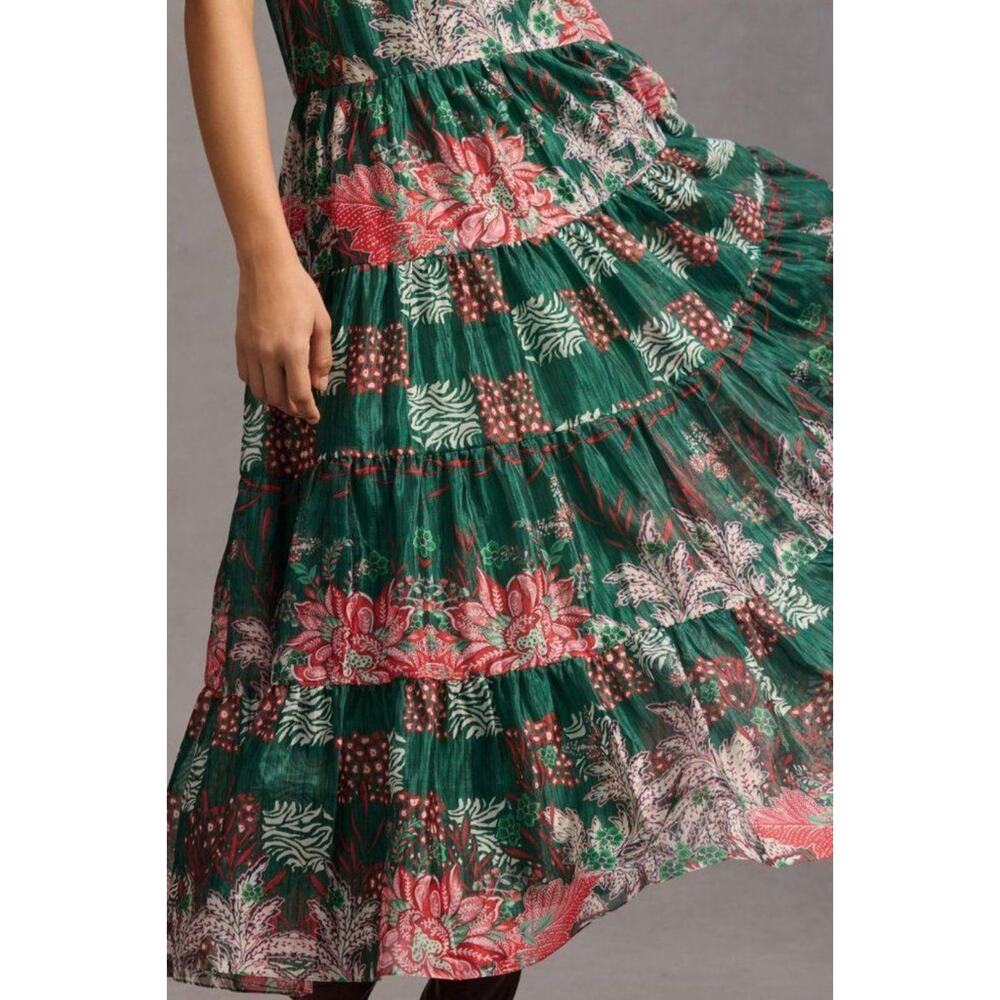 NEW Anthropologie Bhanuni Jyoti Tiered Short-Sleeve Dress Size XXS Green Maxi - Picture 4 of 10